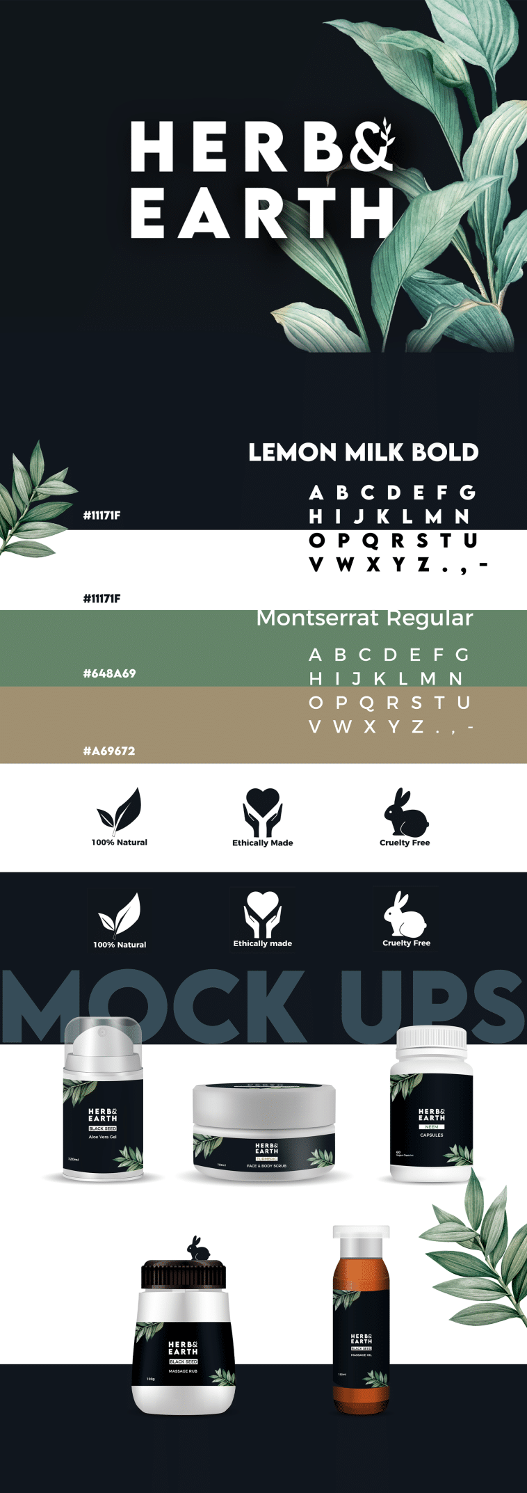 Herb & Earth brand guidelines: logo, typography, colour palette, and product mockups